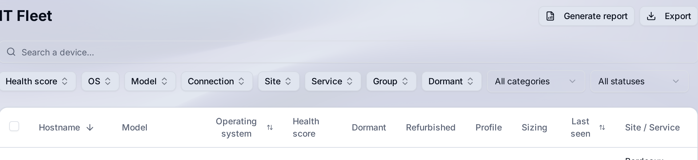 Search bar and filters on the fleet list