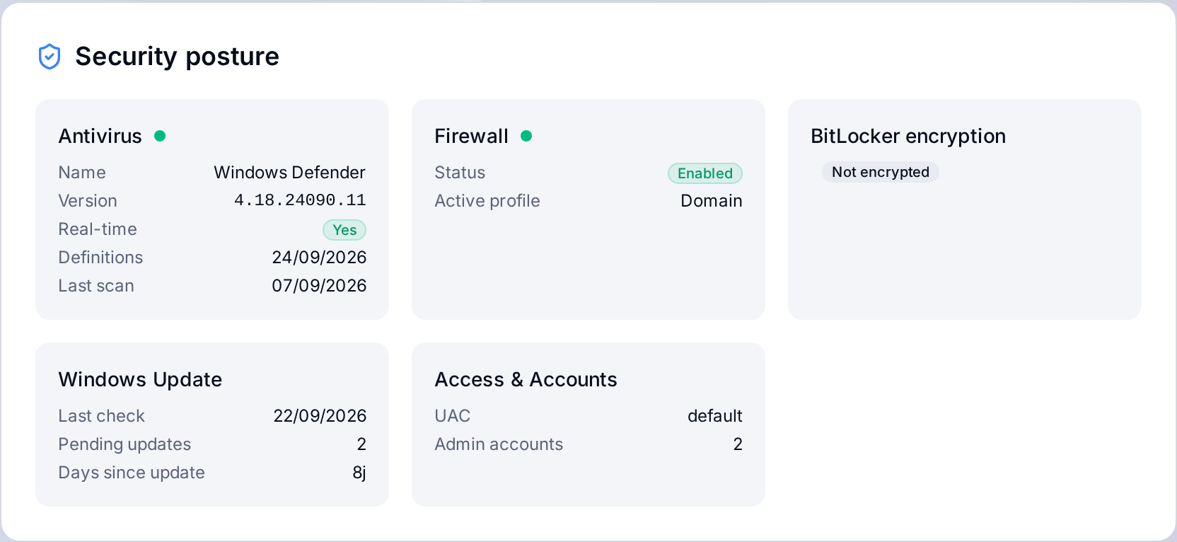 Device security posture (antivirus, firewall, BitLocker, updates)